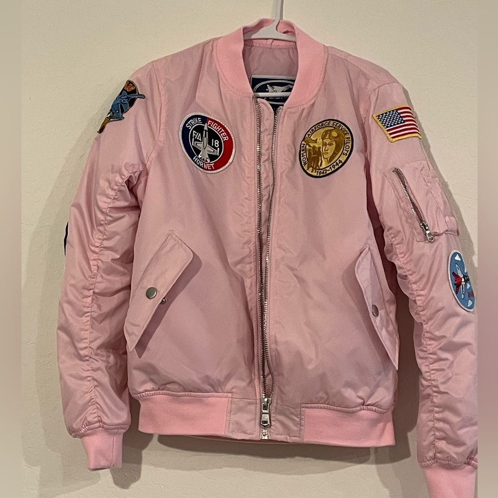 Up and Away MA-1 Ladies Pink Flight Jacket With Patches Size Small